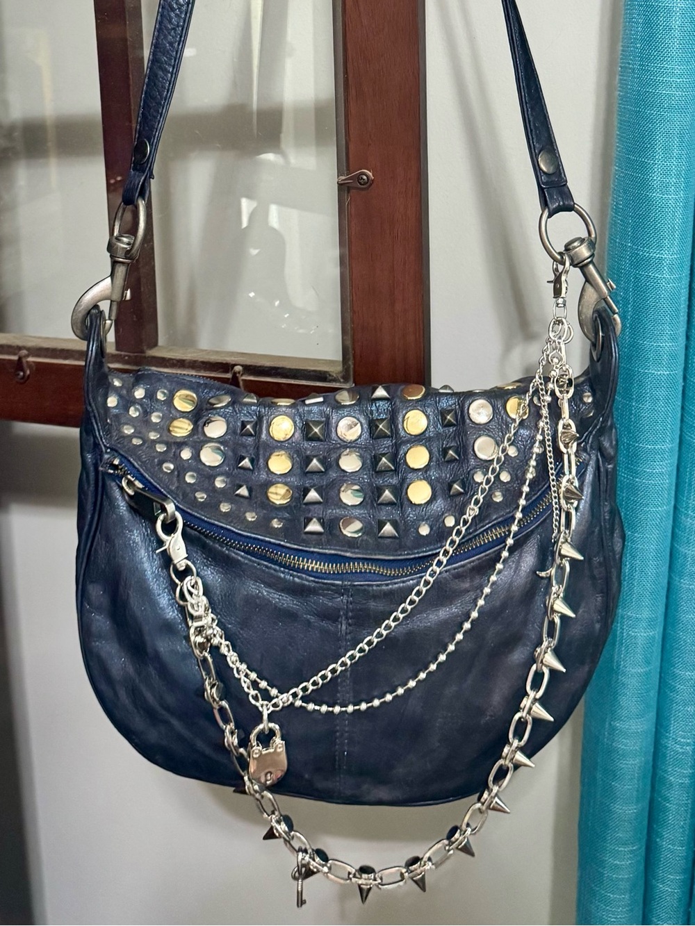 Rebecca Minkoff studded Dark glittery blue Leather Shoulder Bag